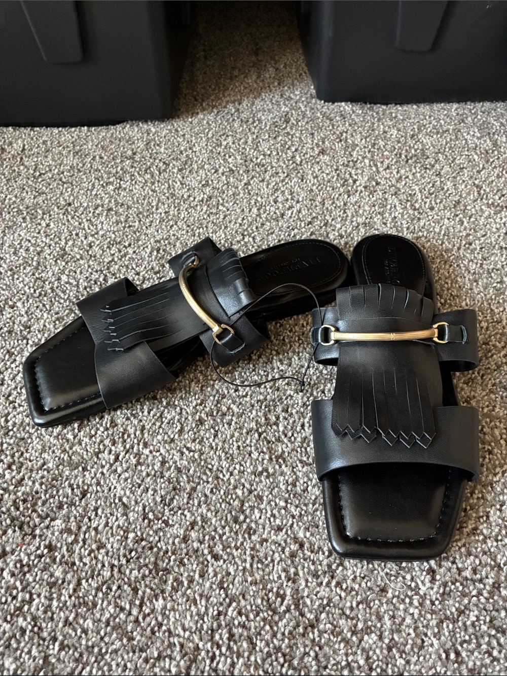 Liverpool Black Leather Fringe Slide Sandals with Gold Bar